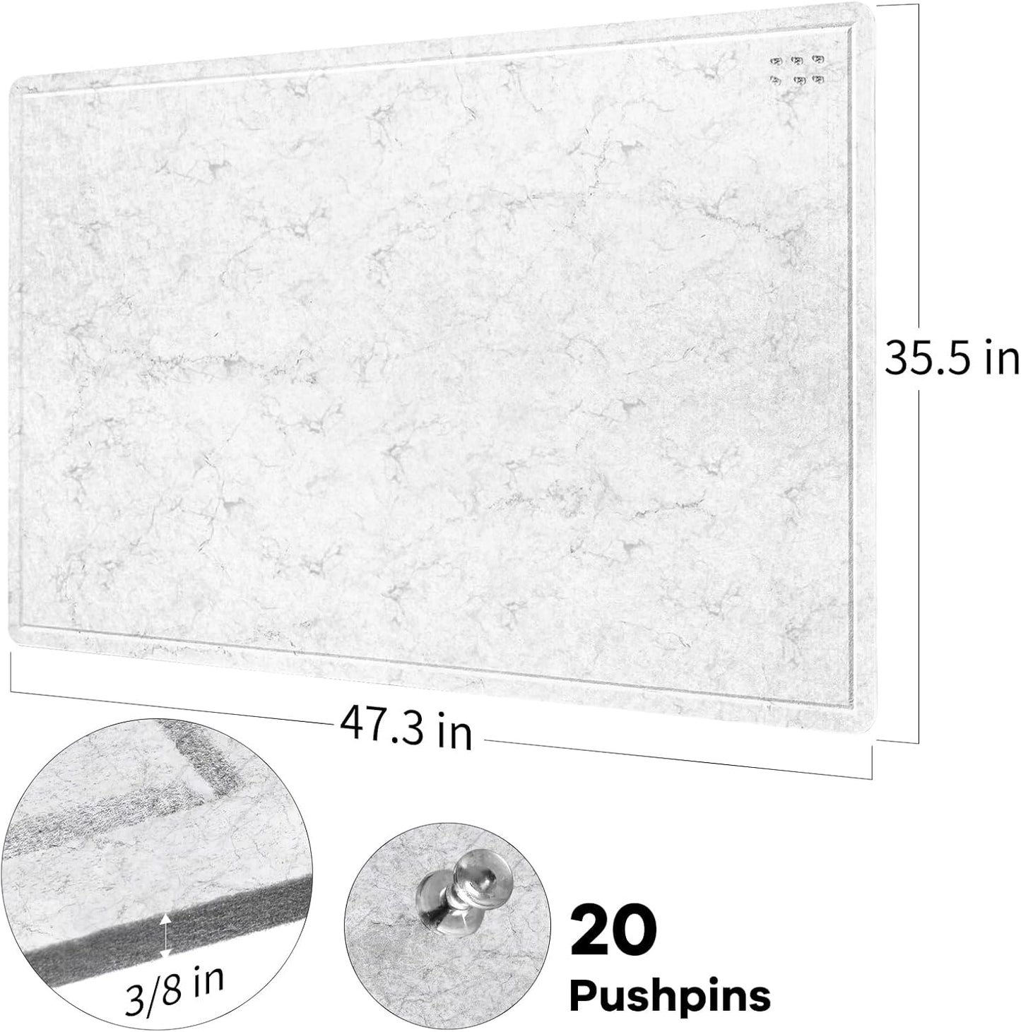 Large Bulletin Board - 48 x 36 Inches, Decorative Felt Pin Board for Wall - 4' x 3' Foldable Photo Display Board with Self-Adhesive Tape, Includes 20 Push Pins - Marble White