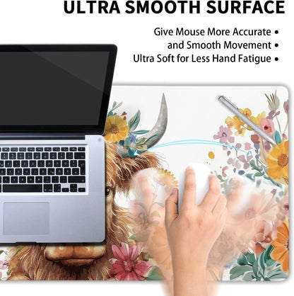 Aesthetic Highland Cow Gaming Mouse Pad XL Cow Print Blue Orange Floral Extended Large Mat Mousepad Desk Pad Non-Slip Rubber Base Stitched Edge Flower Keyboard Pad Playmat for Computer,31.5×11.8 in