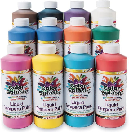 S&S Worldwide Color Splash! Liquid Tempera Bulk Paint, Set of 12 in 11 Bright Colors, 16-oz Easy-Pour Squeeze Bottles, For Arts & Crafts, School, Classroom, Poster Paint, For Kids & Adults, Non-Toxic