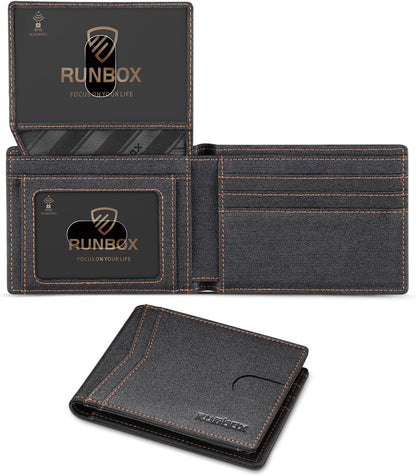RUNBOX Wallet for Men Slim Rfid Leather 2 ID Window With Gift Box