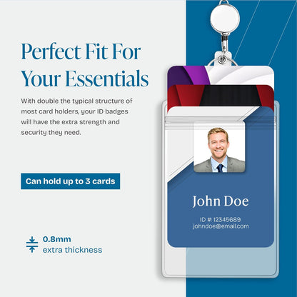 Will Well ID Badge Holders with Holes for Lanyards and Keyrings - Vertical Clear Plastic 2.6" x 3.7" Inner Size Sleeves Fit Up to 3 Cards, 0.8mm Thick Waterproof Resealable Zip Type - 12-Pack