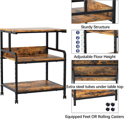 Large Printer Stand with Storage Shelf, 23.6" W x 18.9" D Printer Cart with Wheels, 3 Tier Mobile Printer Table for Home Office,Stands for Heat Press Scanner Fax (Brown)