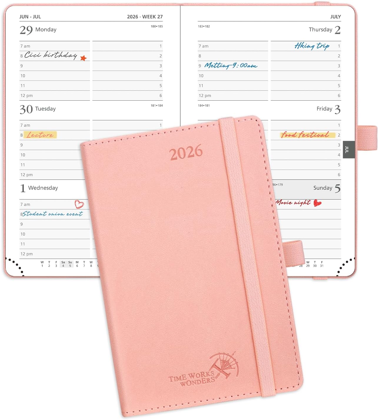 POPRUN Pocket Calendar 2026 (Small Size- 4'' x 6.25") Weekly and Monthly for Purse - Planner 2026 (Jan. 2026 - Dec. 2026) with Vegan Leather Soft Cover, Pen Holder and More - Pink
