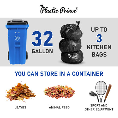 32 Gallon Recycling Rollout Trash Can with Lid, Commercial Heavy-Duty Wheeled Outdoor Garbage Can, Blue 2 Pack