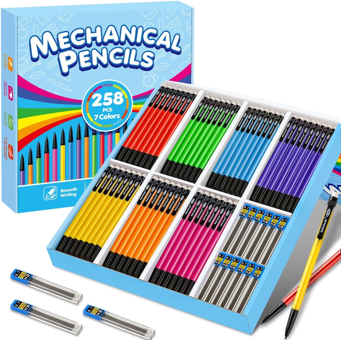 BainGesk Mechanical Pencils, 0.7mm Medium Point, HB #2 Lead, 210 Pack Bulk Mechanical Pencils and 48 Tubes Refills, Assorted Colored Barrels, Office School Supplies