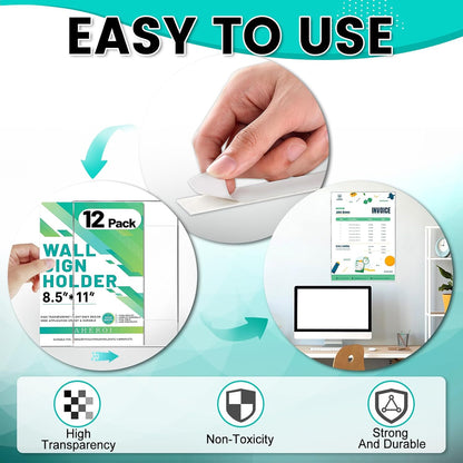 Aheroi Acrylic Sign Holder 8.5 x 11, 12 Pcs Clear Document Frame with Adhesive Tape, No Drilling Plastic Wall Mount 8.5 x 11 Acrylic Hanging Frame Plastic Sign Holder for Office Business Menu Store