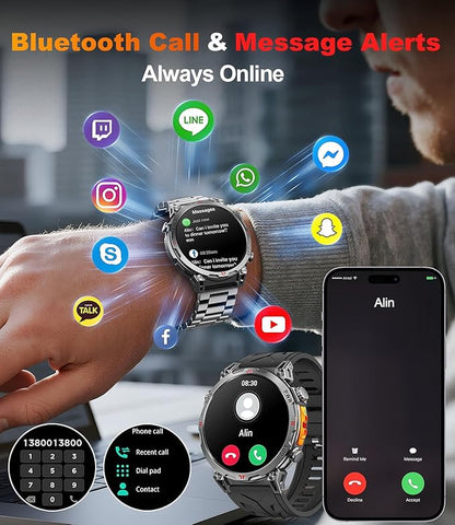 Military Smart Watches for Men GPS, 1.56" AMOLED Screen Bluetooth Call, Smartwatch for Android Phones and iPhone, 100+ Sport Modes, 3ATM Waterproof Smart Watch with Compass(Orange & Blue)