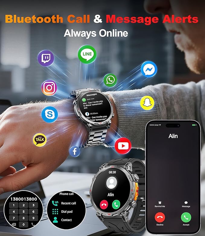 Military Smart Watches for Men GPS, 1.56" AMOLED Screen Bluetooth Call, Smartwatch for Android Phones and iPhone, 100+ Sport Modes, 3ATM Waterproof Smart Watch with Compass
