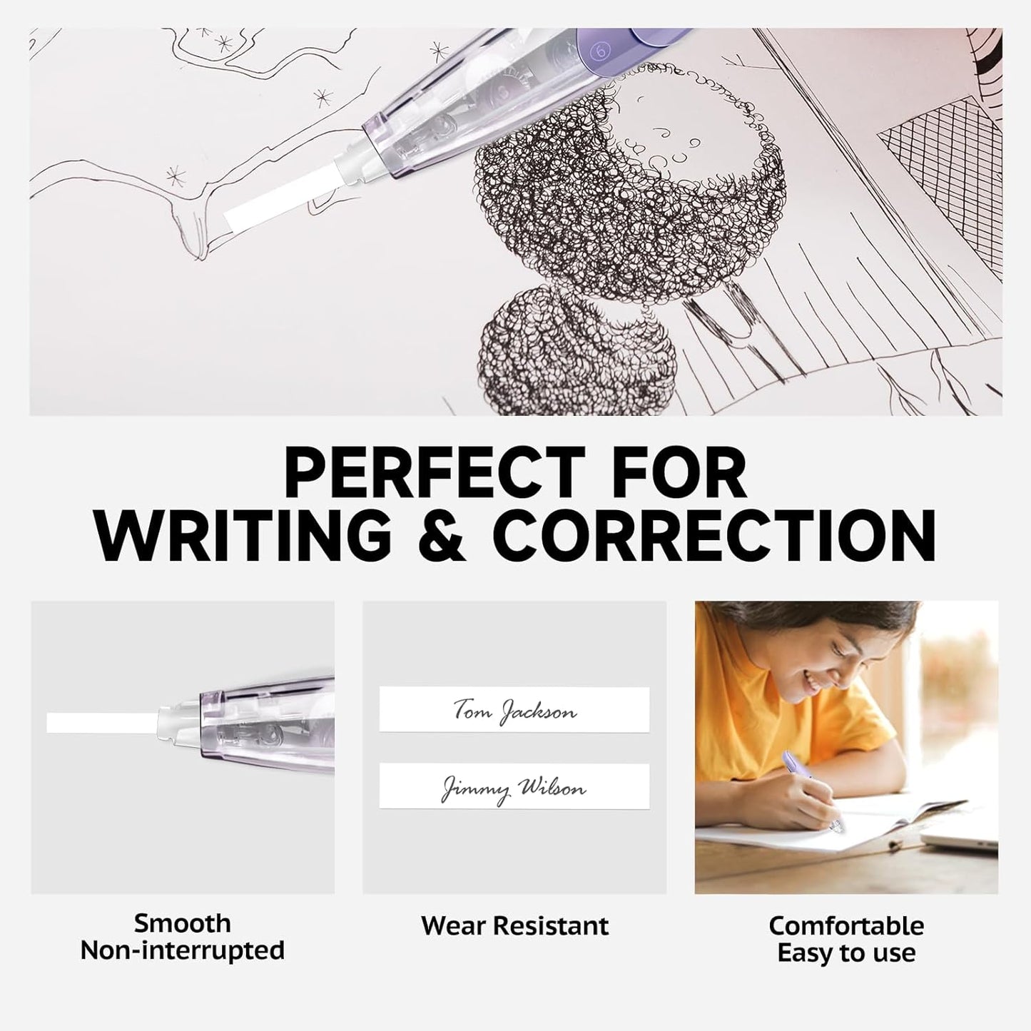 Refillable Retractable White Correction Tape, White Smooth Pull Out Correction Tape with 2 Extra Refills, Cute Correction Tape for Office Supplies, 4 PCS (CS-26)