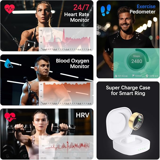 Health Tracker Ring, Smart Health Ring for Women Men with Heart Rate, Blood Oxygen, Sleep Monitor, Steps,Calories, No Subscription Fee, IP68 Waterproof Smart Ring for iPhone & Android (Gold, 9#)