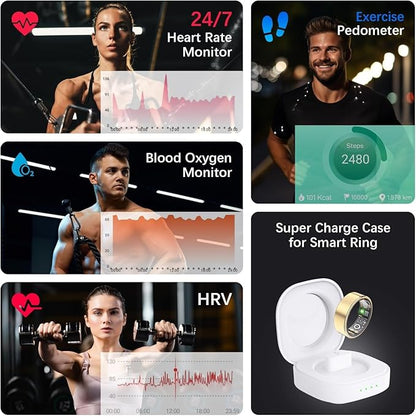 Health Tracker Ring, Smart Health Ring for Women Men with Heart Rate, Blood Oxygen, Sleep Monitor, Steps,Calories, No Subscription Fee, IP68 Waterproof Smart Ring for iPhone & Android (Gold, 9#)