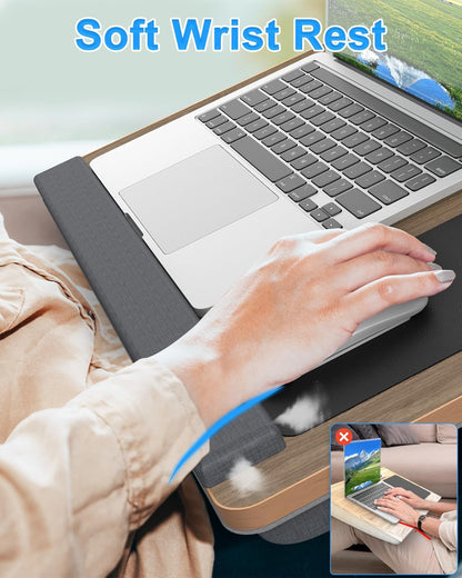 Laptop Lap Desk, Portable Large Laptop Desk for Bed, Up to 17 in Lap Table with Wrist Rest, Mouse Pad, Tablet Phone Slot, Portable Handle, Cushion (Dark Brown Woodgrain)