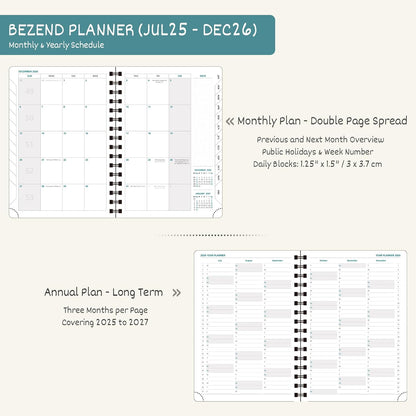 BEZEND Planner 2025-2026 Weekly and Monthly, 5.8" x 8.5" Academic Calendar (Jul 25-Dec 26) Vertical Daily Appointment with Hourly Timeslot & Monthly Tab, Spiral, PU Leather Softcover - Mint Green