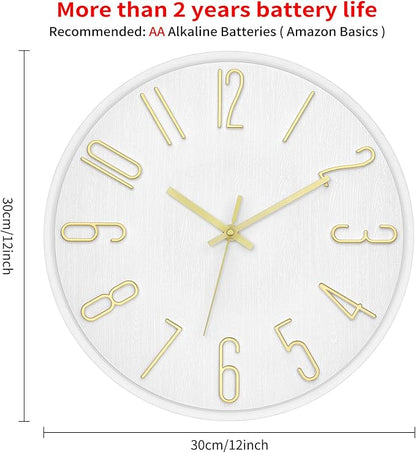 Foxtop Wall Clock 12 Inch Silent Non Ticking Battery Operated Round Wall Clock Modern Simple Style Clocks Decorative for Home Office Bedroom Kitchen School (White)