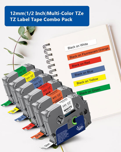 6-Pack TZ Tape 12mm 0.47 Laminated Compatible for P Touch Label Tape TZ TZe-B31 231 131 431 531 631 TZe231 for PTouch PT-H110 D210 D220 H103W, Flu.Orange/White/Red/Blue/Yellow/Green