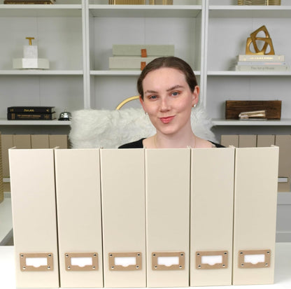 BLU MONACO Set of 6 Foldable Magazine File Holders in Beige Linen – Sturdy Cardboard Vertical Organizers with Label Holders – Stylish Storage Solution for Magazines, Files, and Office Supplies