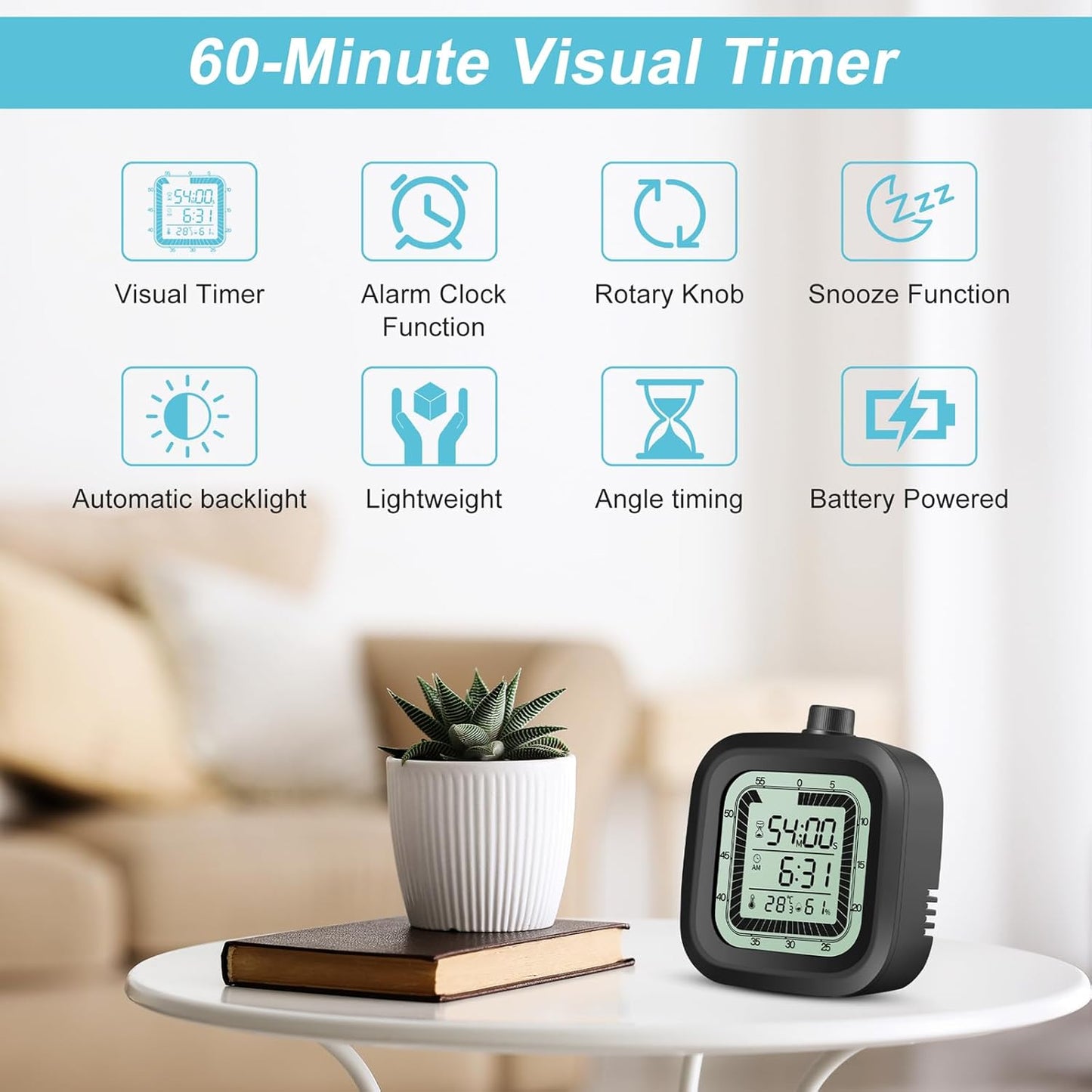 Visual Timer for Kids with Alarm Clock Countdown Count-up 1-60 Minutes Kitchen Timer Student Bathroom Shower Clock Training Timer with Digital Thermometer Hygrometer Black