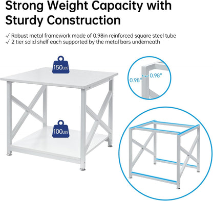 23.6 x 23.6 Inches Large Printer Stand, 2 Tier Square Printer Table with Storage Shelf for Home Office, Multi-use Rolling Cart with Wheels for Laser, 3D Printer and Mini Fridge - White
