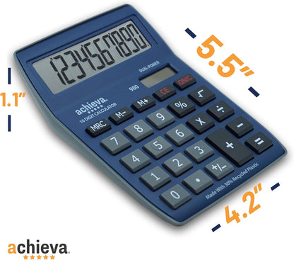 Achieva 10-Digit LCD Display Desktop Calculator | Blue, Gray | Dual Solar & Battery Power | Made with 30% Recycled Plastic | for Home, Office, School (980)