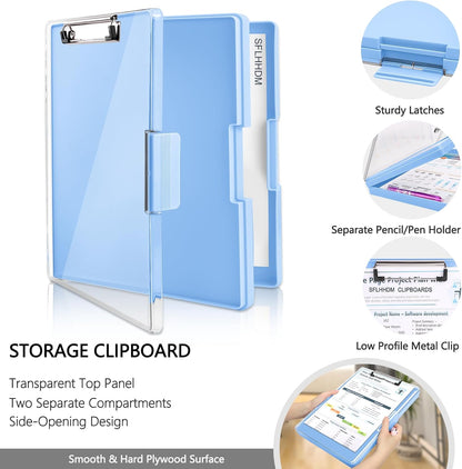Clipboard with Storage,Heavy Duty Clip Boards 8.5x11 with 2 Storage Case,Clear Visible Top Panel Storage Clipboard,Side Opening Clip Boards,Nursing Clipboard Folder Case for Office Supplies-Aqua Blue