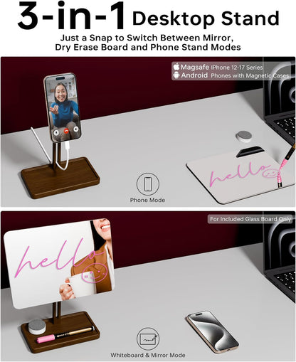 YEOUX Premium Desktop Glass Mirror, Dry Erase Board & Magnetic Phone Stand 3-in-1 | 360° Adjustable | Solid Wood | MagSafe Compatible, Small Whiteboard for Office Home Desk