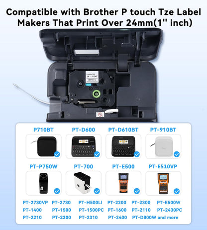 Compatible with P Touch TZe TZ 24mm 0.94'' Laminated Tape Compatible for Brother Label Maker Tape 1 inch PT-D600, PT-D610BT, PTP750W, PT-P710BT, Black on White/Yellow/Red/Green/Blue, 5-Pack