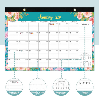 2026 Desk Calendar, Large Desktop/Wall Monthly Calendar 17'' x 12'' School Year Desk Planner for Teacher Family School Office Supplies (Flower-A, 17"x12"(Jan 2026-Jun 2027）)