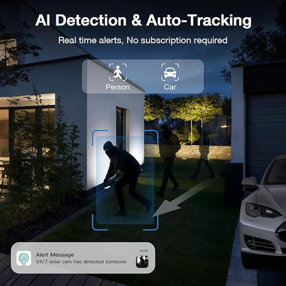 Solar Camera Outdoor Wireless, 2K Color Night Vision, Always-on-Video Security Camera Wireless Outdoor, Smart 24/7 Recording, Auto-Tracking, 2.4GHz Wi-Fi, IP65, Alexa