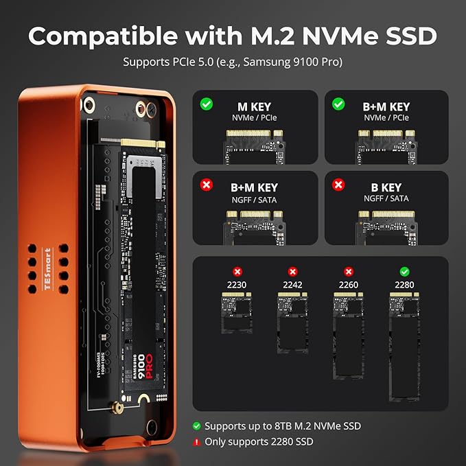 TESmart 80Gbps M.2 NVMe SSD Enclosure with ASM2364 Chip, High-Speed 7000MB/s | Compatible w/Thunderbolt 5/USB4 v2/USB 3.2 gen 2x2 (20Gbps), PCIe 5.0 SSD | Smart Cooling | Aluminium Alloy(TBE-X5Max)
