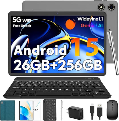 10 Inch Android 15 Tablet with Keyboard, 26GB RAM+256GB ROM(2TB Expand), 2-in-1 Tablet with 8000mAh Battery, 2.4G/5G WiFi, Widevine L1, Dual Camera, Split Screen, Mouse, Stylus, Case(Green Case)