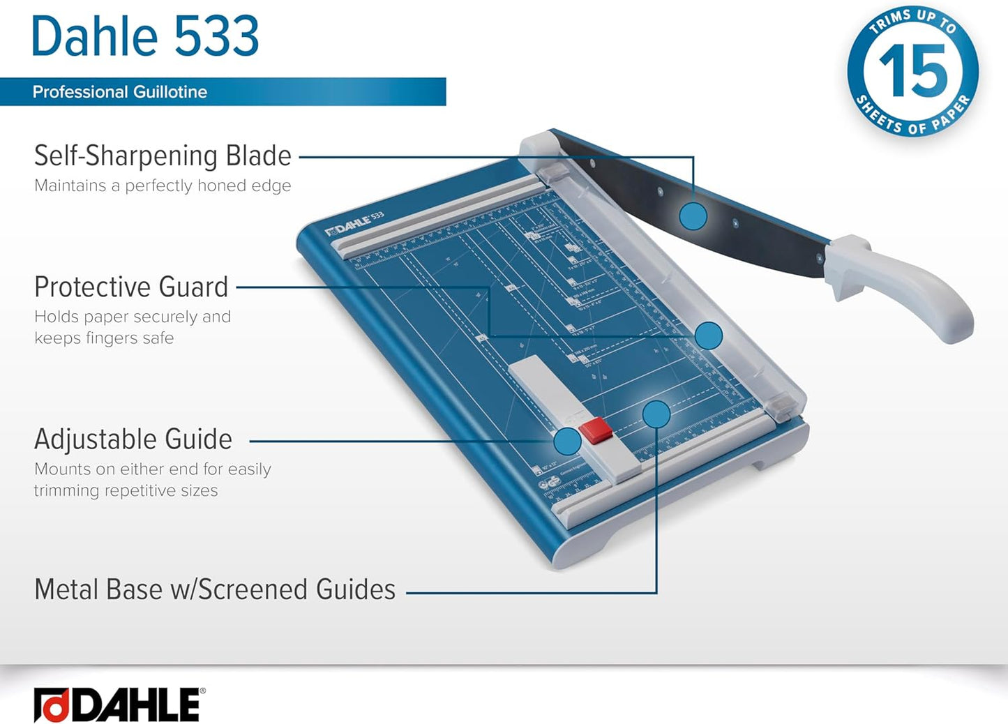 Dahle 533 Professional Guillotine Trimmer, 13" Cut Length, 15 Sheet Capacity, Self-Sharpening, Manual Clamp, German Engineered Paper Cutter