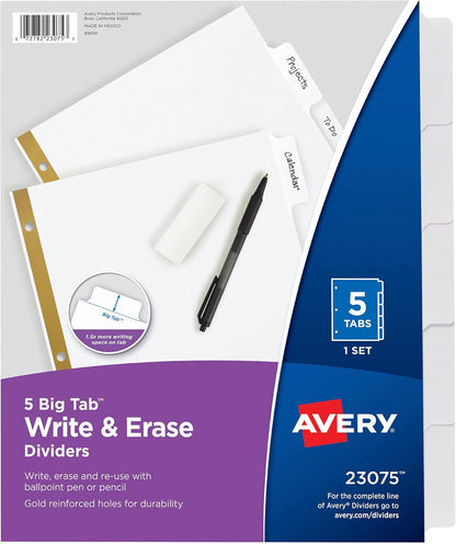 Avery Big Tab Write & Erase Dividers for 3 Ring Binders, 5-Tab Set, 1 Binder Divider Set (23075)