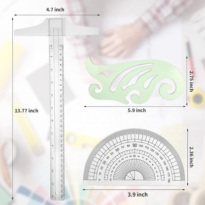 Frienda 5 Pieces Drafting Tools 12 Inch T-Square Ruler Plastic Transparent Drawing Ruler 180 Degree Protractor, 2 Triangles and a French Curve for Students and Engineering Drawing