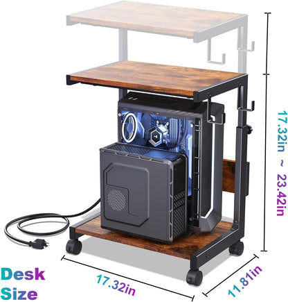 Computer Tower Stand with Charge Station and USB Charging Port - Height Adjustable PC Tower Stand, Under Desk CPU Holder Cart with Locking Caster Wheels for Fits Most PC