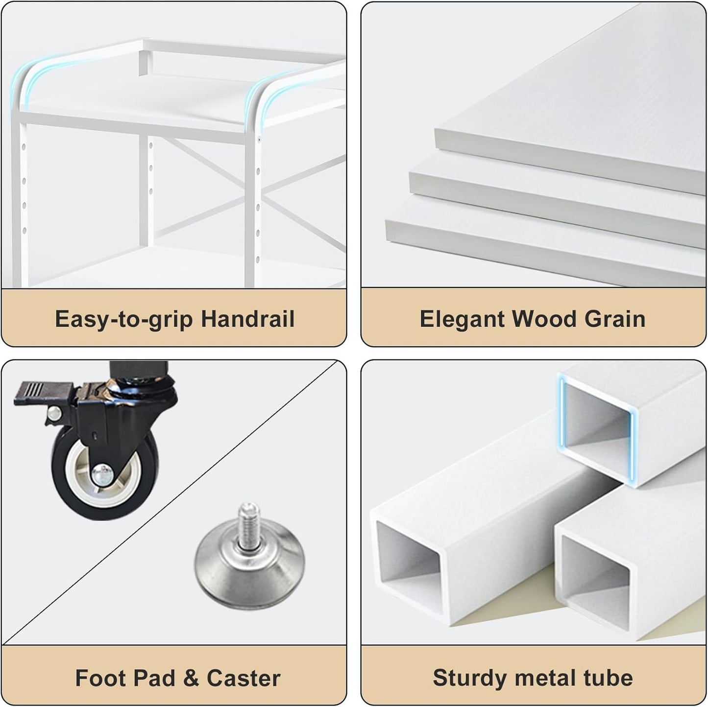 20 Inches Large Printer Stand, 2-Tier Under Desk Printer Table with Height Adjustable Shelf, Rolling Printer Cart with Industrial Wheels for Home Office (White)