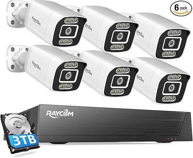 Rraycom 8CH 4K Security Camera System, 6PCS H.265 5MP Wired PoE Cameras for Home Security Outdoor, Person Vehicle Detection, Color Night Vision, 8 Ports NVR with 3TB HDD Suitable for 24/7 Recording