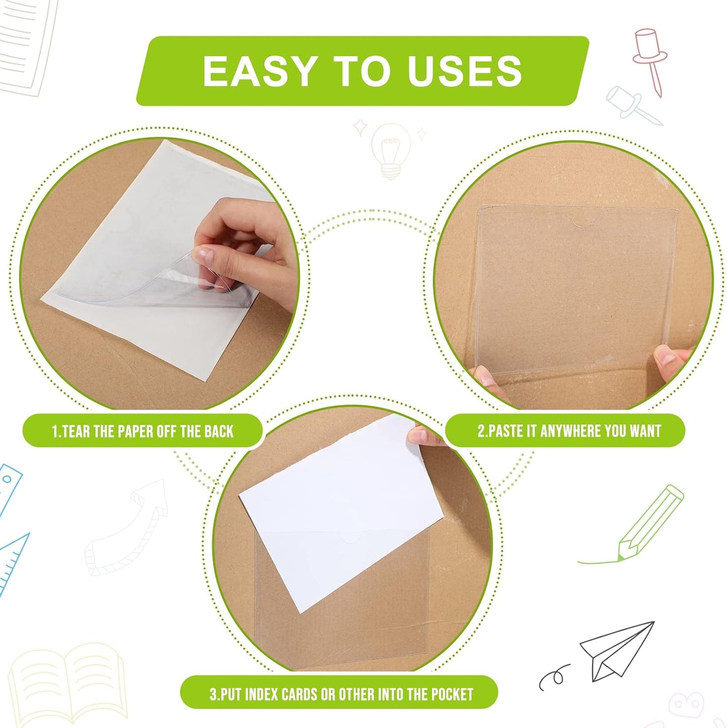 Outus 500 Pack Self Adhesive Index Card Holder Clear Plastic Label Pockets with Top Open for Loading Sticky Business Card Sleeves for Storage Bins Library Organizing Photo Protecting(4.33 x 6.3 Inch)