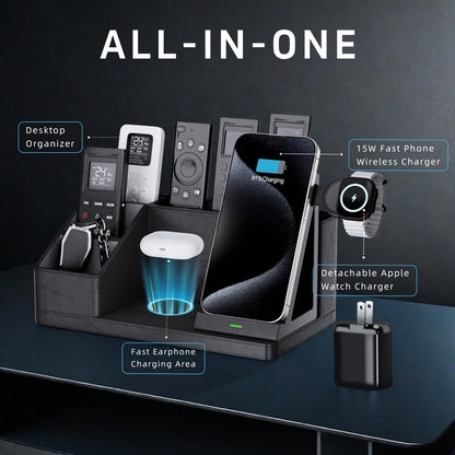 GORESE Leather Desk Organizer with Charging Station, 4 in 1 Nightstand Organizers for Remote Control Pen Holder, Desktop Accessories Workspace Organizers for Office Supplies