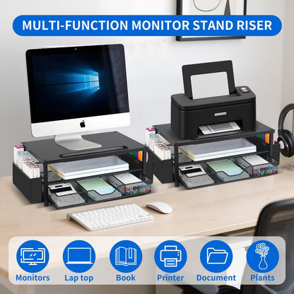 AUPSEN Wood Computer Monitor Stand Riser, 2-Tier Black Desk Organizer with Drawer, Pen Storage & Phone Holder ，Office Desk Accessories Desktop Organizer for Office Supplies