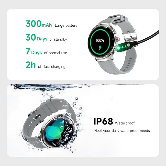 Smart Watch for Men Women, 1.43" AMOLED IP68 Waterproof Smartwatch, Fitness Tracker with Heart Rate/SpO2/Sleep Monitor, 150+ Sports Mode, Bluetooth Call Android & iOS Compatible, 2 Bands