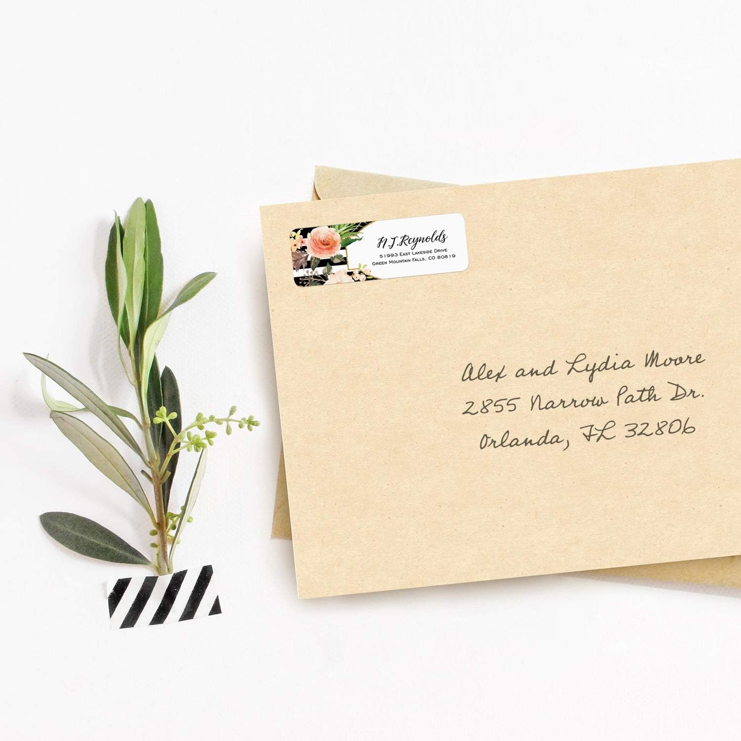 Black and White Stripe Floral Rolled Address Labels/Roll of 250 Personalized Return Address Labels/Designer Return Address Stickers in Elegant Plastic Dispenser