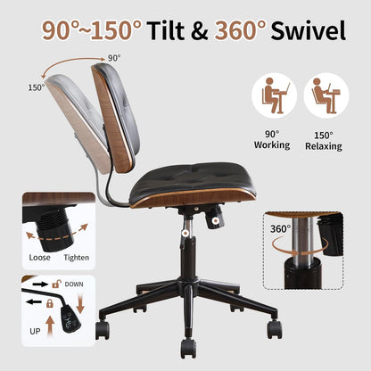 Small Home Office Chair – Armless Mid-Back Desk Chair with PU Leather, Adjustable Height, Swivel Wheels, Modern Walnut Legs for Small Spaces, Black