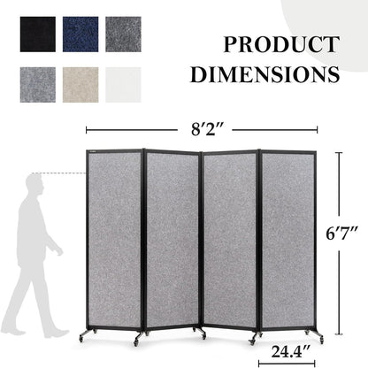 Upgrade Version Room Partition and Divider, Freestanding Rolling Dividers with Wheels,Office Privacy Screen Divider Wall,Classroom Felt Dividers,8'2"L* 6'7"H,4 Panel，Light Grey