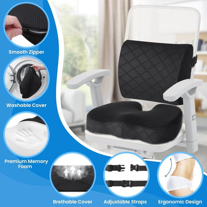 TushGuard Office Chair Cushions with Handles, Back&Seat Cushion, Sciatica & Back Coccyx Tailbone Discomfort Easing Chair Pad, Memory Foam Lumbar Support Pillow for Gaming, Desk, Car (Black, X-Large)