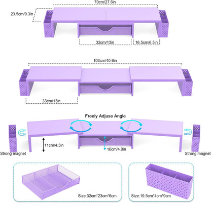 Spacrea Metal Desk Organizers and Accessories, Dual Monitor Stand Riser with Drawer and 2 Pen Holders, Desk Accessories & Workspace Desktop Organizers for Office Supplies (Purple)