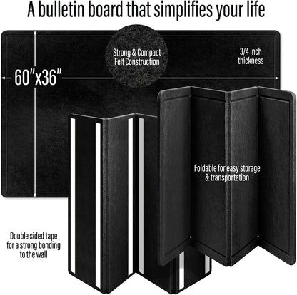 Large Bulletin Board 60 x 36 Inches - Foldable Felt Bulletin Board for Wall, Cork Board Alternative with 100 Color Pins & 12 Note Pads, Vision Board - Black