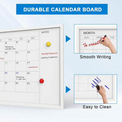 Comix Dry Erase Calendar Whiteboard for Wall,Magnetic Dry Erase White Board with White Wood Frame, 36 * 24 inches Decorative Planner Board for Office, Kitchen, School, Home