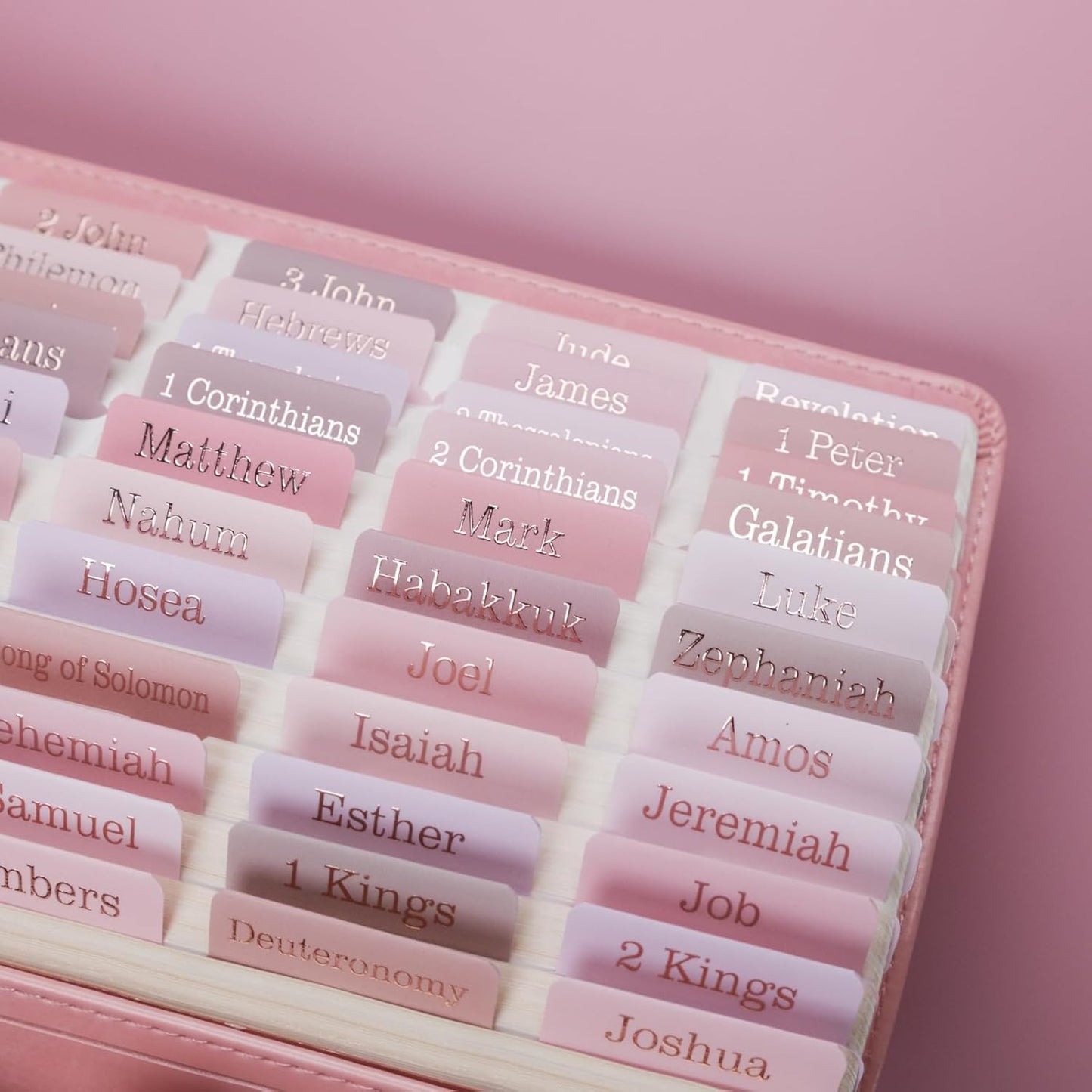 UPAFEXXI-Laminated Bible Tabs (Rose Gold Foil Embossed Lettering), Bible Tabs for Women and Men, Reposition Large Print Stickers, Easy to Read and Apply, 80 Chapters Labels for Easy Navigation(Pink)