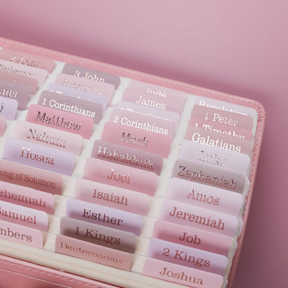 UPAFEXXI-Laminated Bible Tabs (Rose Gold Foil Embossed Lettering), Bible Tabs for Women and Men, Reposition Large Print Stickers, Easy to Read and Apply, 80 Chapters Labels for Easy Navigation(Pink)