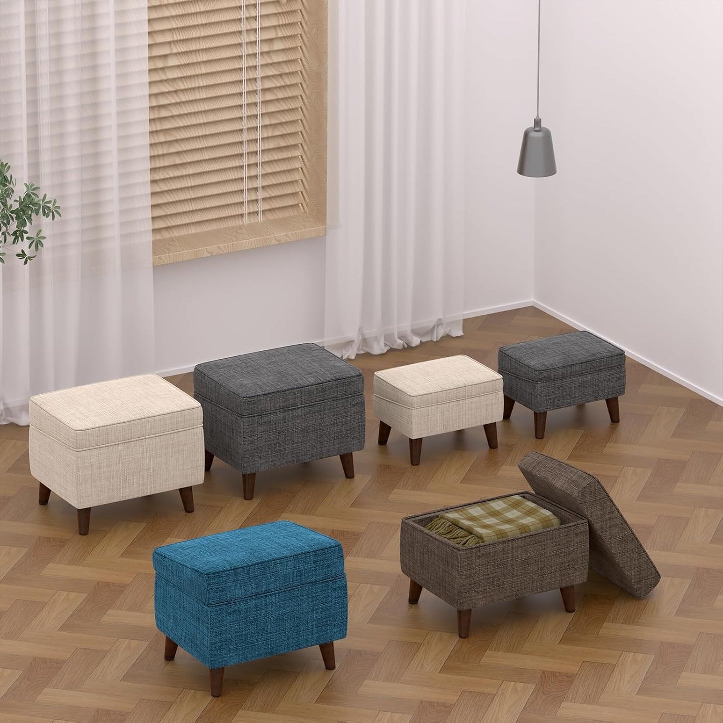 Storage Ottomans with Adjustable Cover, BOGO, Soft Step Stool, Footrest and Seat, Ottoman Foot Rest Set for Living Room, Bedroom, Dorm, Blue